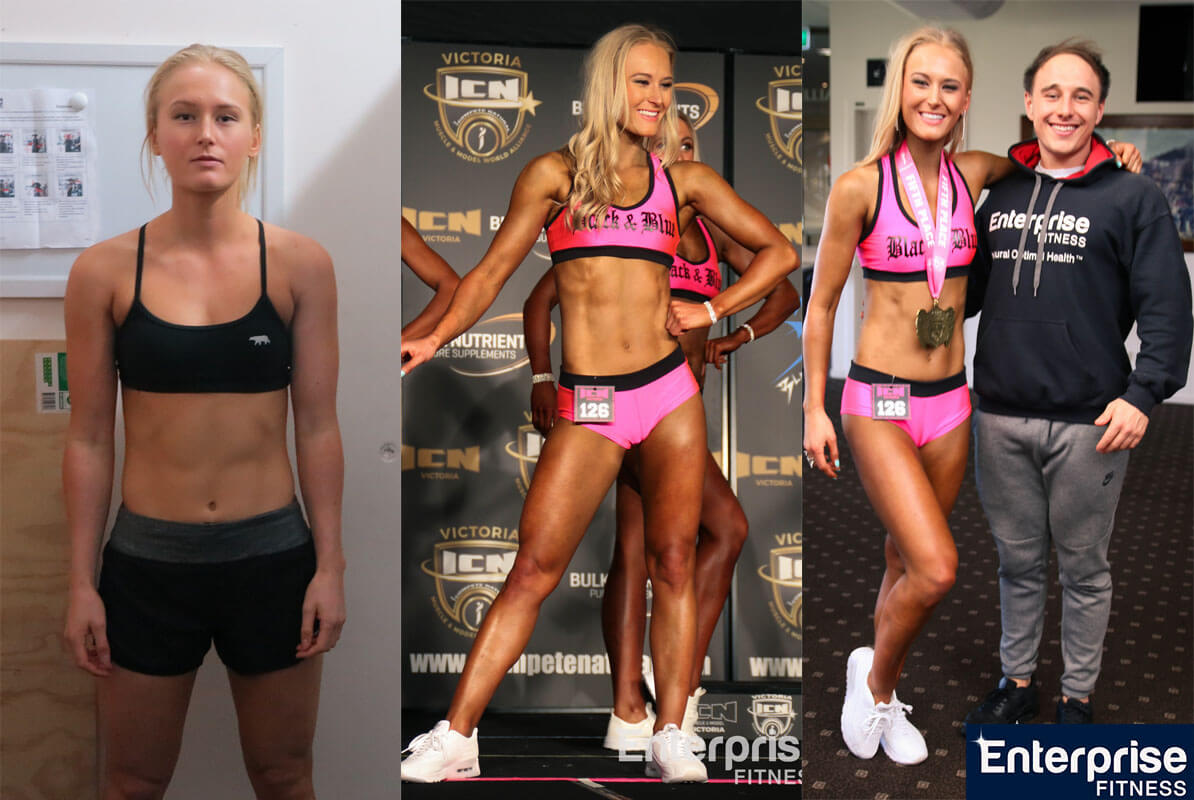 Ashlee Beagley Ash Liam Fitzgerald Enterprise Fitness ICN All Female Classic Fitness Competitor Bikini Model Placing First Body Competition Melbourne Best Personal Trainers Trainer Training Transformation Before After Muscle How To Lean Up Gym